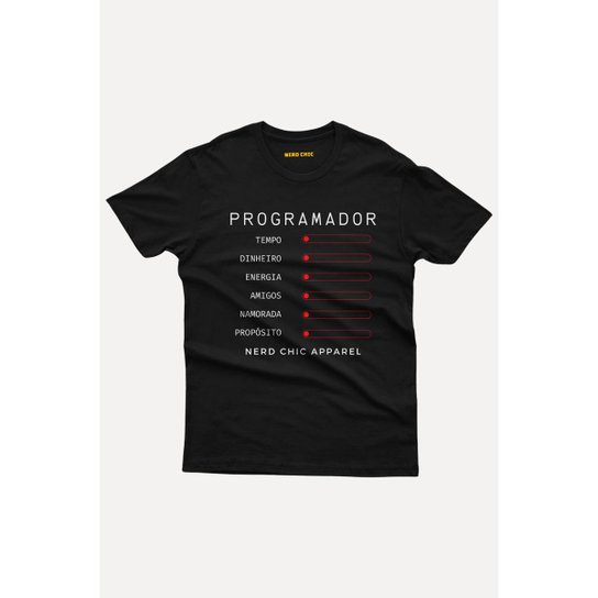 Camiseta Nerd Chic Programador Status Bar Life By Software