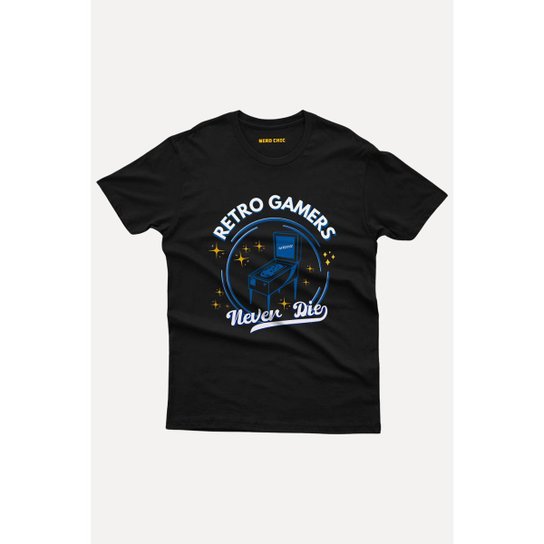 Camiseta Nerd Chic Retro Gamer Never Die - Os Primeiros Jogadores Nerd