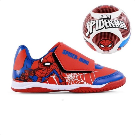 Kit Chuteira Futsal + Bola Dray Marvel - Homem Aranha - Azul e Vermelho